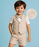 Mark & Mia Cotton Woven Half Sleeves T-Shirt With Attached Bow Textured Waist Coat & Shorts with Checks Design - Cream & White