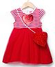 Babyhug Single Jersey Knit Cap Sleeves Frock with Stripes Sequined Heart & Sling Bag - Red