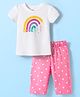 Babyhug Cotton Knit Half Sleeves Capri Night Suit with Hearts & Rainbow Print - White & Pink