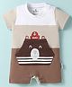 Child World Interlock Knit Half Sleeves Romper With Animal Print & Kangaroo Pocket - Brown