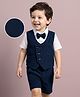 Mark & Mia Cotton Woven Half Sleeves Printed 3 Piece Party Suit With Bow - Navy Blue