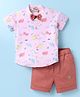 Dapper Dudes Half Sleeves Dinosaur Printed Shirt With Bow & Shorts Set - Peach