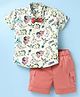 Dapper Dudes Half Sleeves Dinosaurs Printed Shirt With Shorts & Bow Set - Pista