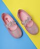 Mine Sole Bow Applique Detailed Shimmered & Stones Embellished Mary Jane Ballerinas With Velcro Closure - Pink