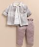 LITTLE COLLARS Cotton Full Sleeves Checked Shacket & Pant Set With Inner Tee - Grey