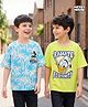 HoneyHap Disney Terry Knit Half Drop Shoulder Sleeves Oversized T-Shirts with Mickey Mouse & Family Graphics Pack of 2 - Light Blue & Green