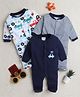 BUMZEE Cotton Knit Full Sleeves Footed Sleep Suits with Cars Print & Stripes Pack of 3 - Navy Blue & White