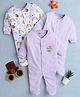 BUMZEE Cotton Knit Full Sleeves Footed Sleep Suits with Rainbow Print & Stripes Pack of 3 - Lavender & White
