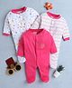 BUMZEE Cotton Knit Full Sleeves Footed Sleep Suits with Strawberry Print & Stripes Pack of 3 - Dark Pink & White