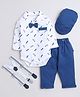 BUMZEE Cotton Full Sleeves Moustache Printed Onesie With Pant & Cap Suspender & Bow Applique - Royal Blue & White