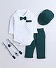 BUMZEE Cotton Knit Full Sleeves Abstract Printed Onesie With Solid Trouser Cap Bow & Suspender Set - Dark Green & White