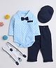 BUMZEE Cotton Knit Full Sleeves Abstract Printed Onesie With Solid Trouser Cap Bow & Suspender Set- Sky Blue & Navy