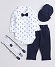 BUMZEE Cotton Knit Full Sleeves Anchor Printed Onesie With Trouser Suspender Cap & Bow Set - Navy Blue  & White