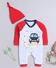 BUMZEE Cotton Knit Full Raglan Sleeves Front Open Romper with Car Patch & Cap - Red