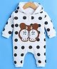 BUMZEE Cotton Knit Full Sleeves Hooded Romper with Polka Dots Print & Bear Patch - White