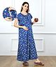 Bella Mama Cotton Knit Half Sleeves Concealed Zipper Floral Printed Nighty - Blue