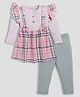 DEAR TO DAD Cotton Full Sleeves Checked & Bow Applique Detailed Dress With Leggings - Pink