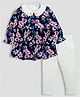 DEAR TO DAD Cotton Full Peasant Sleeves Floral Printed Dress With Leggings - Navy Blue