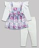 DEAR TO DAD Pure Cotton Full Sleeves Floral Printed Dress With Solid Leggings - Purple