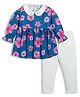 DEAR TO DAD Pure Cotton Full Puffed Sleeves Floral Printed Dress With Solid Leggings - Blue
