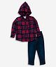 DEAR TO DAD Cotton Full Sleeves Checked Hooded Shirt & Jeans Set - Maroon