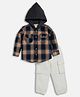 DEAR TO DAD Cotton Full Sleeves Checked Hooded Shirt & Jeans Set - Brown
