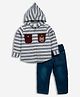 DEAR TO DAD Cotton Full Sleeves Striped Hooded Shirt & Washed Jeans Set - Grey