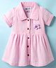 Bodycare Cotton Knit Half Sleeves Shirt Dress With Floral Crochet Applique - Pink