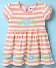 Bodycare Cotton Knit Half Sleeves Frock With Stripes & Floral Print - White & Peach