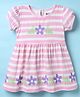 Bodycare Cotton Knit Half Sleeves Frock With Stripes & Floral Print - White & Mauve