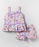 Bodycare Cotton Knit Sleeveless Front Open Top & Shorts Co-Ord Set With Floral Print - Lavender