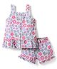 Bodycare Cotton Knit Sleeveless Front Open Top & Shorts Co-Ord Set With Floral Print - Light Grey
