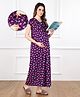 Bella Mama Cotton Knit Half Sleeves Concealed Zipper Floral Print Nighty - Purple