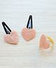Pretty Ponytails Valentines Day Theme Heart Designed Snap Clips & Ring Set - Brown