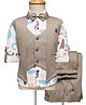 Radutu Full Sleeves Abstract Printed Shirt With Textured Waistcoat Pant & Bow Set - White & Dark Grey