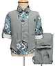Radutu Full Sleeves Abstract Printed Shirt With Textured Waistcoat Pant & Bow Set - Grey & Sea Green