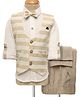 Radutu Full Sleeves Textured Shirt With Striped Waistcoat Pant & Bow Set - White & Beige