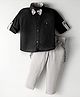 Radutu Full Sleeves Textured Shirt With Pant Suspender & Bow Set - Grey & Black