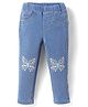 Babyhug Woven Full Length Washed Denim Jeans With Stretch & Floral Embroidery - Blue