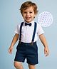 Babyhug Knit Half Sleeves Polka Dots Printed Shirt & Shorts Set with Bow & Suspender - White & Teal Blue