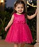 Babyhug Woven Sleeveless Fit & Flare Mesh Party Dress with Glitter Print & Floral Corsage - Dark Pink