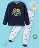 BLUSHES 100% Cotton Knit Full Sleeves Be Happy Text Printed Night Suit Set - Navy Blue & White