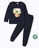 BLUSHES 100% Cotton Knit Full Sleeves Owl Printed Night Suit Set - Airforce Navy & White