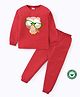 BLUSHES 100% Cotton Knit Full Sleeves Owl Printed Night Suit Set - Red