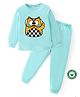 BLUSHES 100% Cotton Knit Full Sleeves Owl Printed Night Suit Set - Sea Green