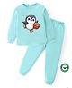 Blushes 100% Cotton Knit Full Sleeves Penguin Printed Coordinating Night Suit Set - Sea Green