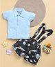 Wonderchild Half Sleeves Solid Shirt With Space Theme Printed Shorts & Suspender Set - Baby & Navy Blue