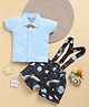 Wonderchild Half Sleeves Solid Shirt With Space Theme Printed Shorts & Suspender Set - Baby & Navy Blue