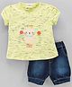 Wonderchild Half Sleeves Cat Patch Detailed & Typography Embroidered Top With Mild Washed Shorts - Lemon