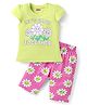 Babyhug Cotton Knit Half Sleeves Capri Nightsuit with Floral Print - Green & Pink